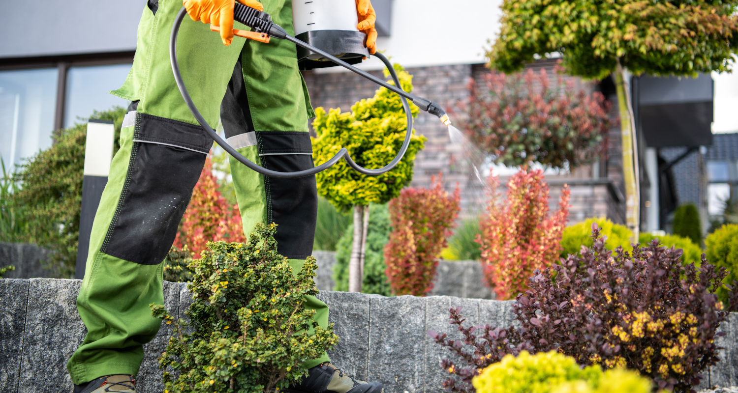 pest control professional treating exterior landscaping